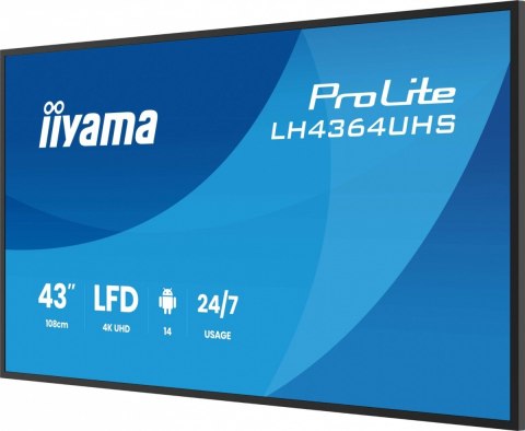 Monitor 43 cale LH4364UHS-B1AG 24/7,VA,ANDROID14,4K,500cd,4000:1,2xHDMI,USB-C,RJ45, RS-232c, IR, 2x10W, 2xUSB, UCHWYT ŚCIENNY