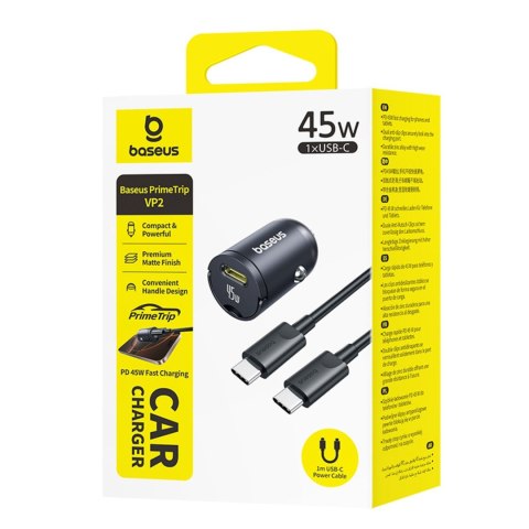 Ładowarka samochodowa USB-C z kablem USB-C 45W 1m - czarna BASEUS