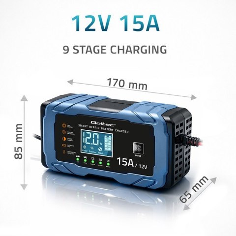 Ładowarka 12V 15A | Prostownik z funkcją naprawy | AGM GEL LiFePO4 | 9-stopniowe ładowanie