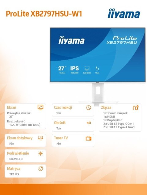 Monitor 27 cali XB2797HSU-W1 IPS, FHD, HDMI, DP, 120Hz, 2xUSBv3.2, 2xUSB-C, 350 CD, x2W, HAS 150/PIVOT, Biały