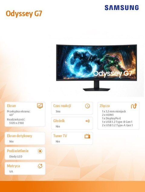 Monitor 40 cali Odyssey G7 OLED 5120x2160 WQHD 21:9 2xHDMI 1xDP 2xUSB 3.0 1ms 180Hz HAS zakrzywiony 3Y2d2 (LS40FG750EUXEN)