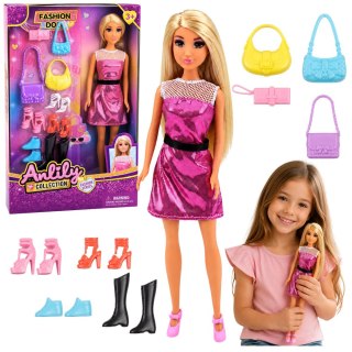 Lalka Anlily Modowa W Różowej Sukience Zestaw Torebki Buty Akcesoria LEAN Toys