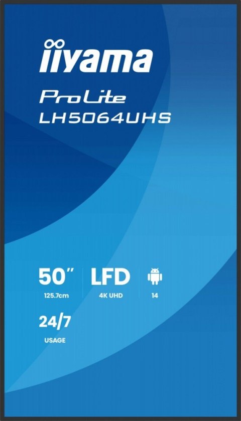Monitor 50 cali LH5064UHS-B1AG, 24/7,IPS,ANDROID14,4K,500cd,1200:1, 2xHDMI ,USB-C,RJ45, RS-232c, IR, 2x10W, 2xUSB, UCHWYT ŚCIE