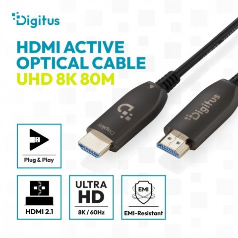 Kabel połączeniowy hybrydowy HDMI AOC | HDMI-A męski-męski | HDMI 2.1 | UHD-2 8K@60Hz | 48Gbps |HDR, eARC, HDCP 2.2, CEC | 80m
