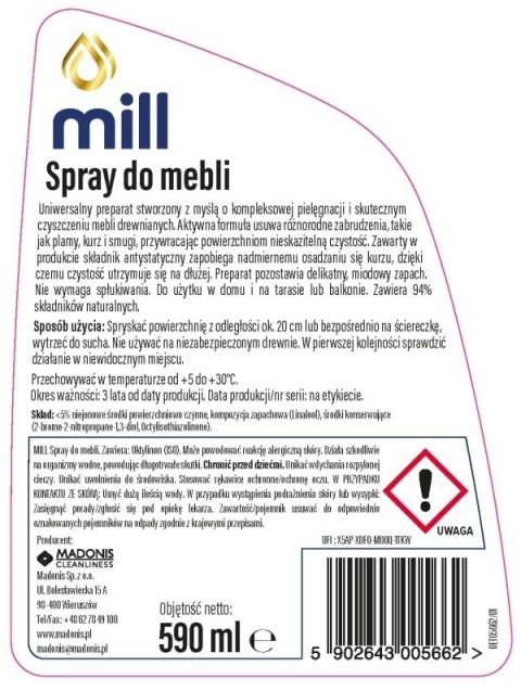 MILL Clean Spray preparat do mebli 590 ml. Działa antystatycznie