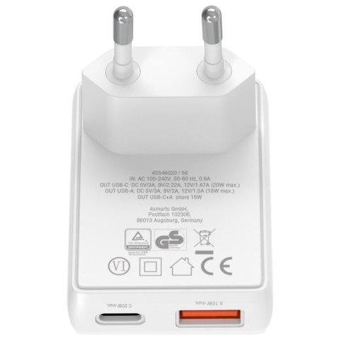 Ładowarka sieciowa FlatPlug Duos 20W USB-C + USB-A Biała
