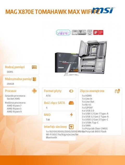Płyta główna MAG X870E TOMAHAWK MAX WIFI PZ AM5 4DDR5 ATX