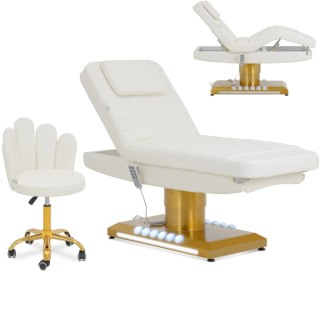 Fotel kosmetyczny SPA podgrzewany z krzesłem 3 silniki 200 kg SAVONA - biało złoty Physa