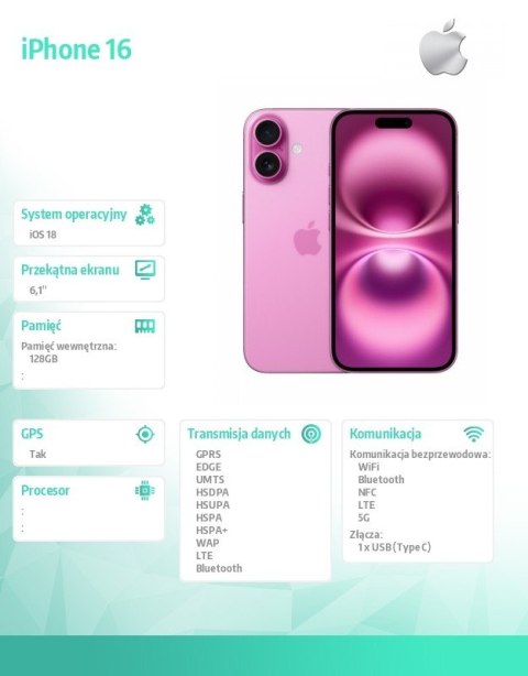 IPhone 16 128GB - Różowy Apple