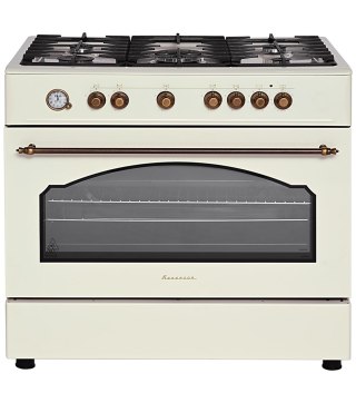 Kuchnia gazowo-elektryczna RAVANSON KWGE-90ARC Retro 90 cm | 5 palników + palnik WOK | termoobieg | rożen | kremowy