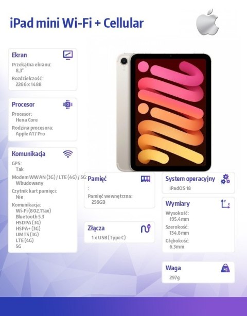 IPad mini Wi-Fi + Cellular 256GB Księżycowa poświata Apple