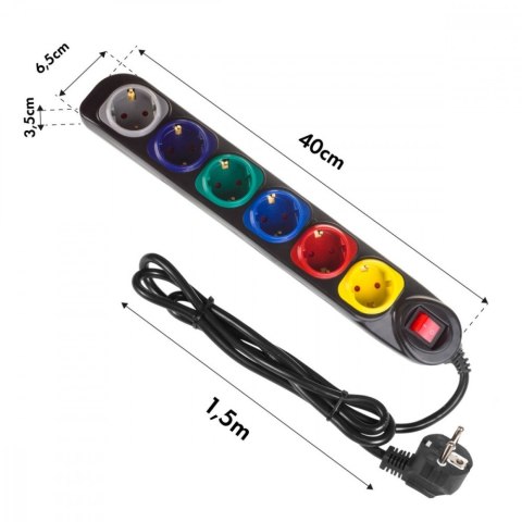 Listwa zasilająca 1,5m 250VAC/10A MCE509 B 2500 Q, IP20, 6 gniazd, prąd znamionowy 10A, czarny Maclean