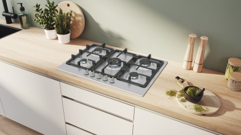 Płyta gazowa Bosch PGQ7B5K90 Serie 4 90 cm | 4 palniki | palnik WOK | zapłon elektryczny | stal nierdzewna