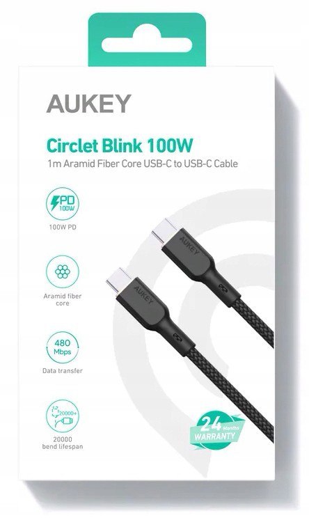 CB-KCC101 kabel USB-C - USB-C 1m 100W PD 5A 20V kevlar + nylonowy oplot AUKEY