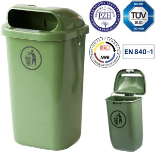 Kosz uliczny miejski pojemnik na śmieci na słupek lub ścianę DIN 50L - zielony Europlast Austria