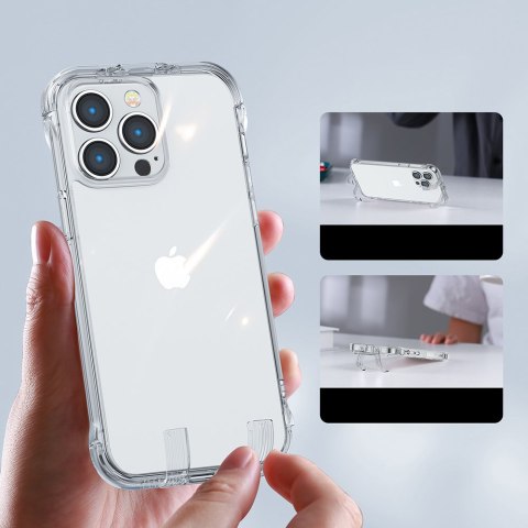 Etui pokrowiec do iPhone 14 Pro pancerna obudowa z haczykami podstawką przezroczysty