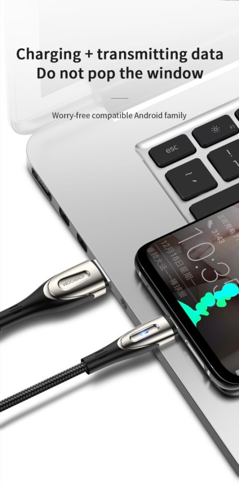 Kabel przewód USB-A - microUSB 3A wskaźnik ładowania 2m czarny