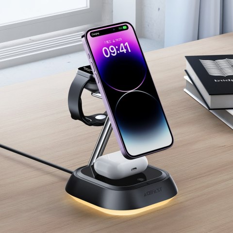 3w1 Stacja ładująca indukcyjna E16 15W do telefonu słuchawek zegarka - czarna