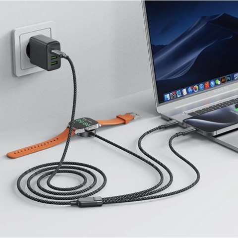 3w1 Kabel przewód USB-C - 2x USB-C / ładowarka Apple Watch Qi 480Mb/s 100W 1.2m - czarny ACEFAST