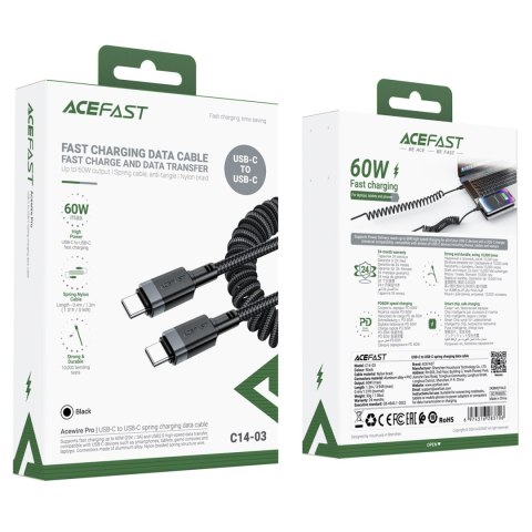 Kabel przewód spiralny USB-C - USB-C 480Mb/s 3A 1.2m - czarny