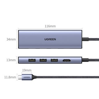6w1 HUB Adapter USB-C - HDMI / USB-A / czytnik kart SD TF - szary UGREEN