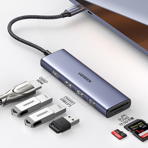 6w1 HUB Adapter USB-C - HDMI / USB-A / czytnik kart SD TF - szary UGREEN