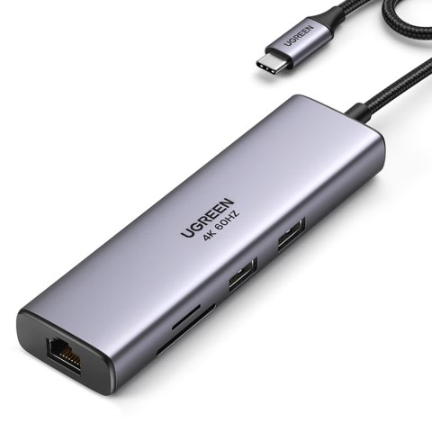 HUB Adapter USB-C - USB-A / HDMI / RJ45 / czytnik kart SD i TF / USB-C PD 100W - szary UGREEN