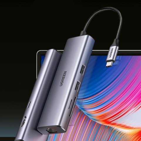 HUB Adapter USB-C - USB-A / HDMI / RJ45 / czytnik kart SD i TF / USB-C PD 100W - szary UGREEN