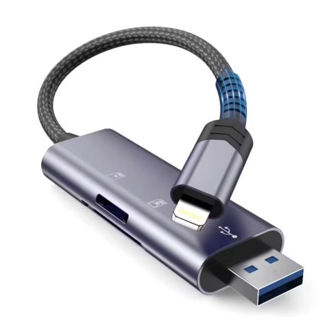 Czytnik kart pamięci SD / micro SD ze złączem iPhone Lightning / USB-A - szary Tech-Protect