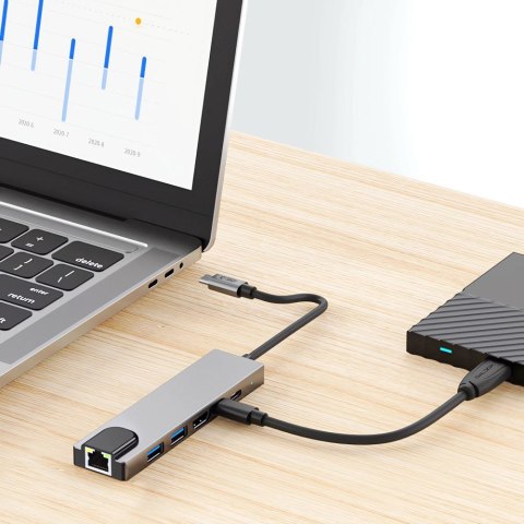 6w1 HUB Adapter USB-C USB-A HDMI RJ45 4K 30Hz PD 100W - szary Tech-Protect