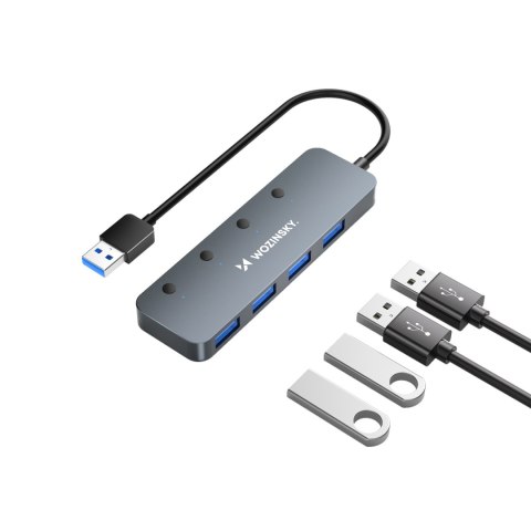 Hub rozdzielacz 4x USB-A z włącznikami aluminiowy - szary