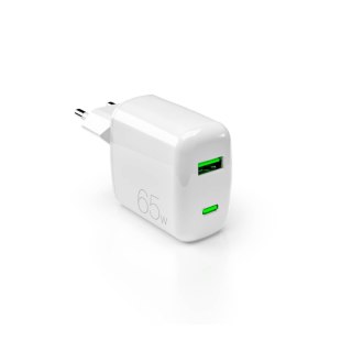Ładowarka sieciowa USB-A USB-C GaN 65W - biała PURO