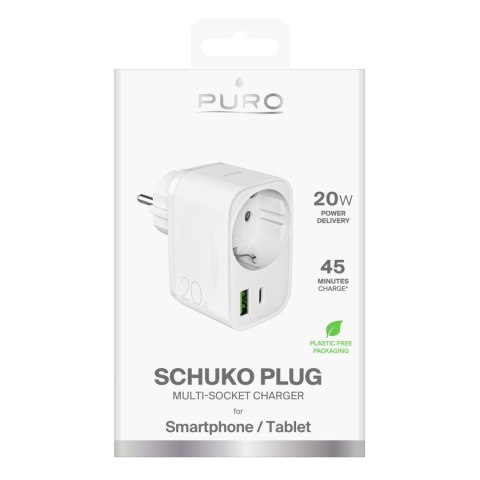 Ładowarka sieciowa USB-A USB-C z gniazdem Schuko PD 20W - biała PURO