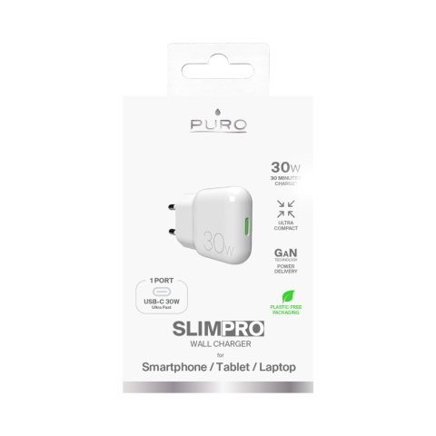 Ładowarka sieciowa USB-C GaN 30W - biała PURO