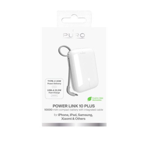 Powerbank 10000mAh USB-A USB-C z wbudowanym kablem - biały PURO