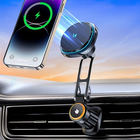 Uchwyt samochodowy z ładowarką indukcyjną do telefonu wentylatorem na kratkę Qi MagSafe 15W - czarny