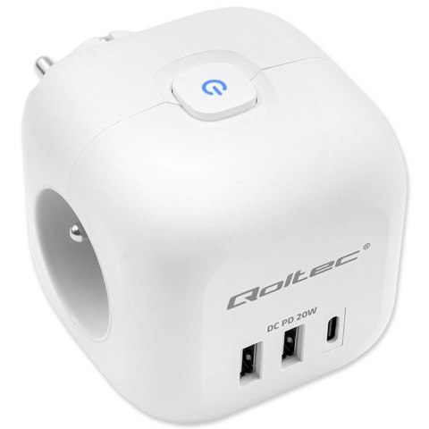 Kostka zasilająca przedłużacz 6w1 z podświetlanym włącznikiem | 3x AC | 2x USB | 1x USB-C PD 20W | biała Qoltec