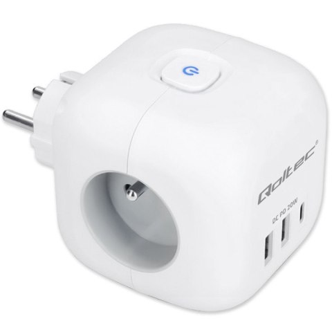 Kostka zasilająca przedłużacz 6w1 z podświetlanym włącznikiem | 3x AC | 2x USB | 1x USB-C PD 20W | biała Qoltec
