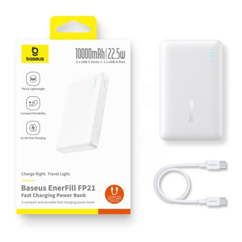 Powerbank 10000mAh 22.5W EnerFill FP21 USB-A USB-C z kablem USB-C - biały BASEUS