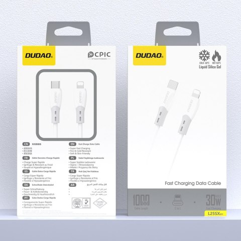 Kabel przewód z silikonowym oplotem USB-C - iPhone Lightning L25SX 30W 1m - biały DUDAO