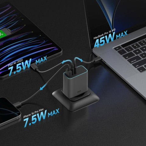 Ładowarka sieciowa USB-C USB-A GaN 65W - szara