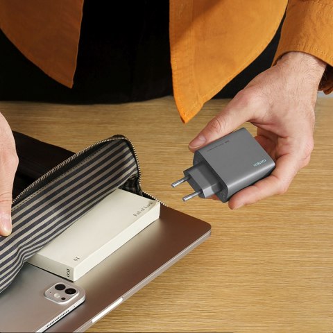 Ładowarka sieciowa USB-C USB-A GaN 65W - szara