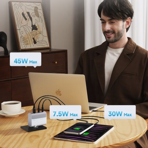 Ładowarka sieciowa USB-C USB-A z kablem GaN 100W - biała