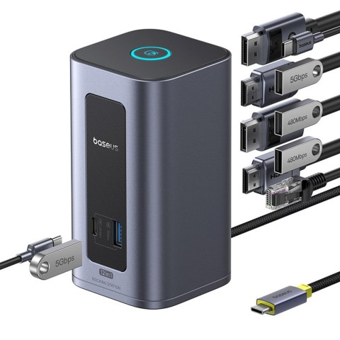 HUB stacja dokująca 12w1 USB-C do USB-C USB-A HDMI DisplayPort Rj45 - szara BASEUS