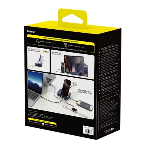 Stacja ładująca 5w1 bezprzewodowa USB-A USB-C ze zwijanym kablem Qi2 160W - czarna BASEUS