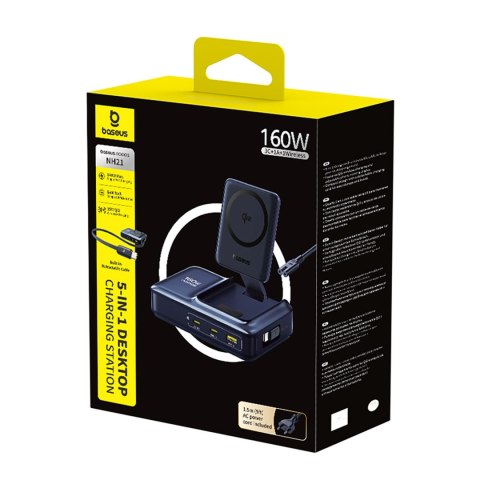 Stacja ładująca 5w1 bezprzewodowa USB-A USB-C ze zwijanym kablem Qi2 160W - czarna BASEUS