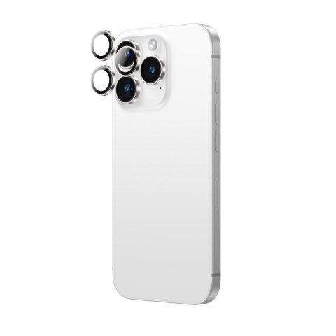 Szkło hartowane z ramką na soczewki aparatu do iPhone 16 Pro / 16 Pro Max - srebrne AmazingThing