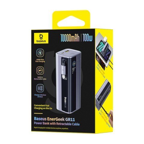 Powerbank 10000mAh EnerGeek GR11 ze zwijanym kablem 100W - szary BASEUS
