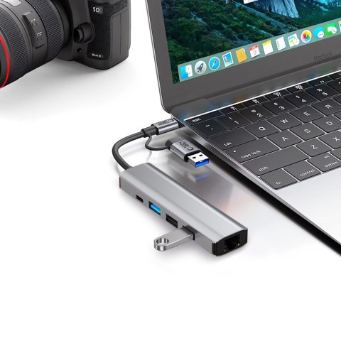 Adapter HUB 5w1 USB-C USB-A Ethernet RJ45 - szary Tech-Protect