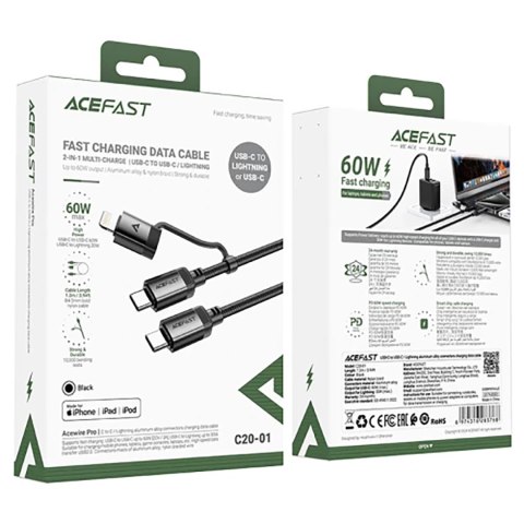 Kabel przewód USB-C - USB-C / Lightning 60W 480Mb/s 3A 1.2m - czarny ACEFAST
